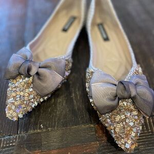 Mingfeidi metallic beaded flats with taupe bows, size 40 (approx 9)
